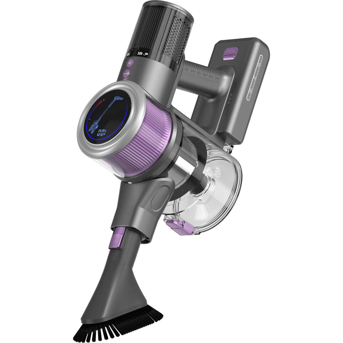 Aspirateur sans fil gris avec accents violets et écran numérique.