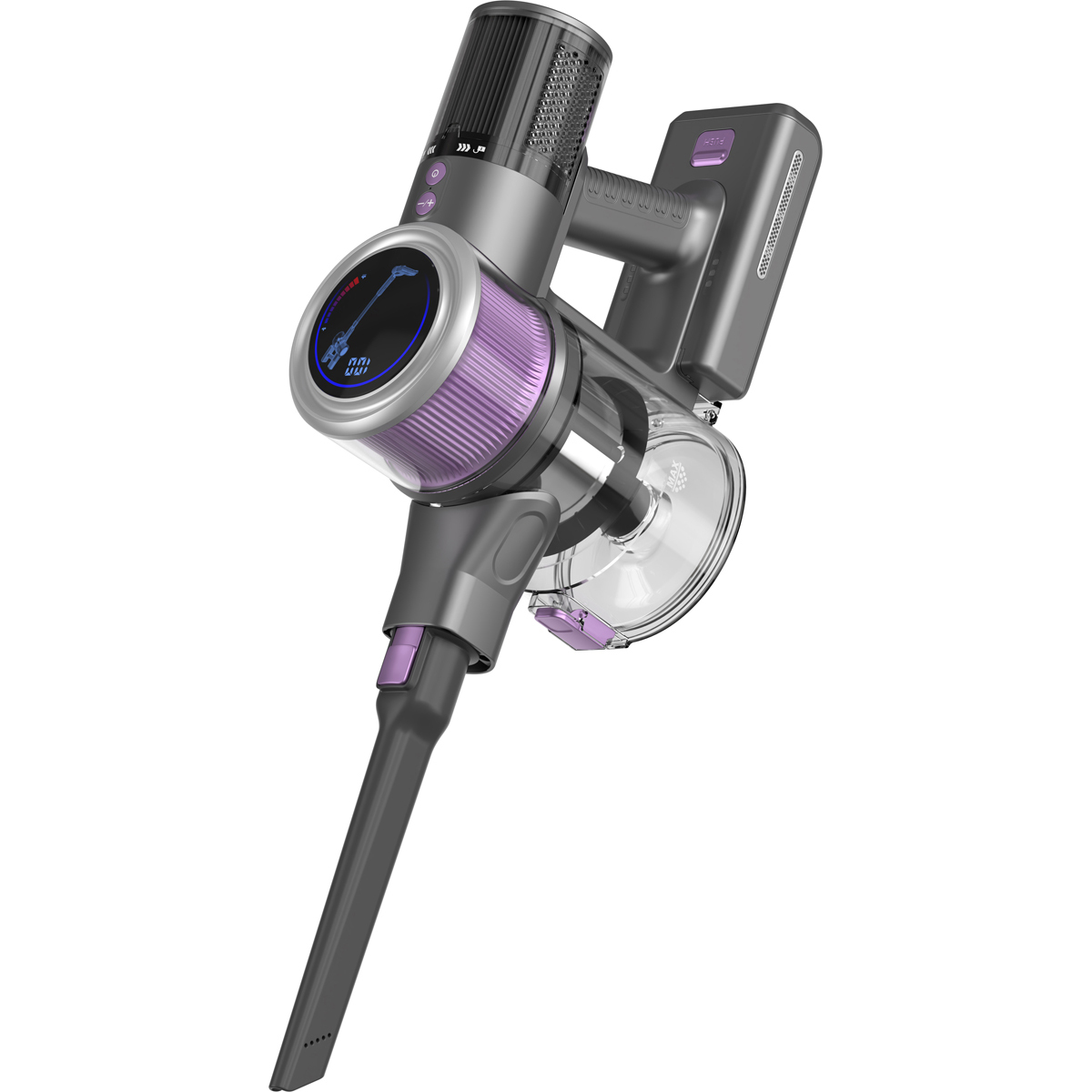 Un aspirateur sans fil gris avec des accents violets et un écran numérique.