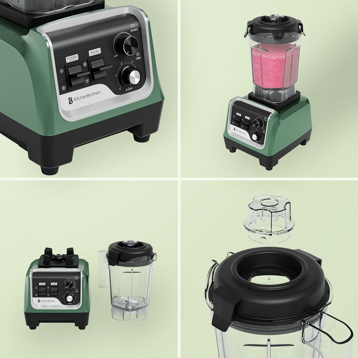 Green blender with controls, filled with pink smoothie, and disassembled.