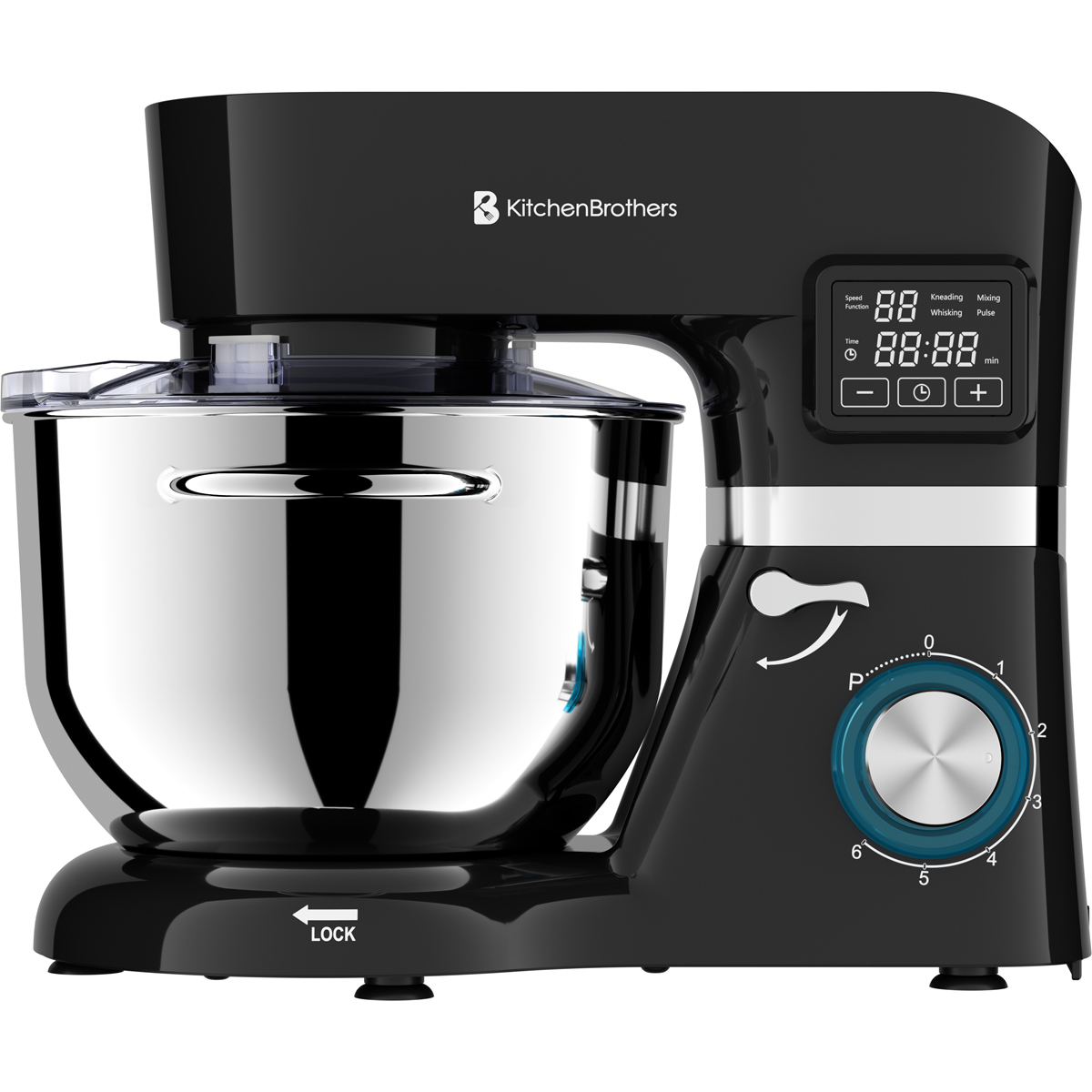 Zwarte keukenmixer met roestvrijstalen kom en digitaal display.