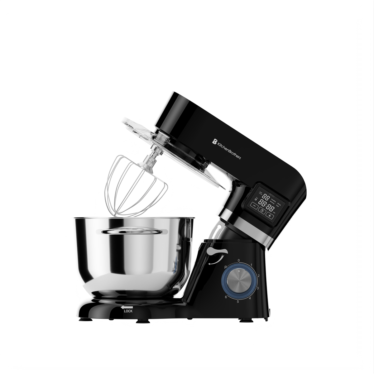 Zwarte KitchenBrothers standmixer met zilveren kom en garde. Digitaal display.