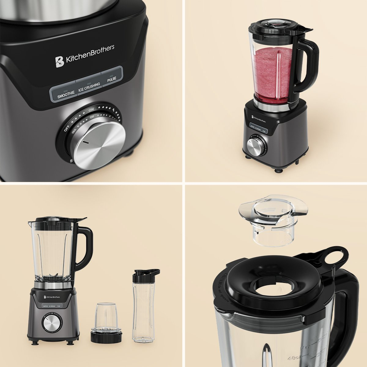 Vier aanzichten van een zwarte blender met bedieningselementen en accessoires.