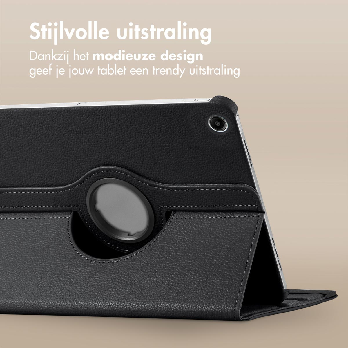 Black tablet case with ring holder and text in Dutch.
