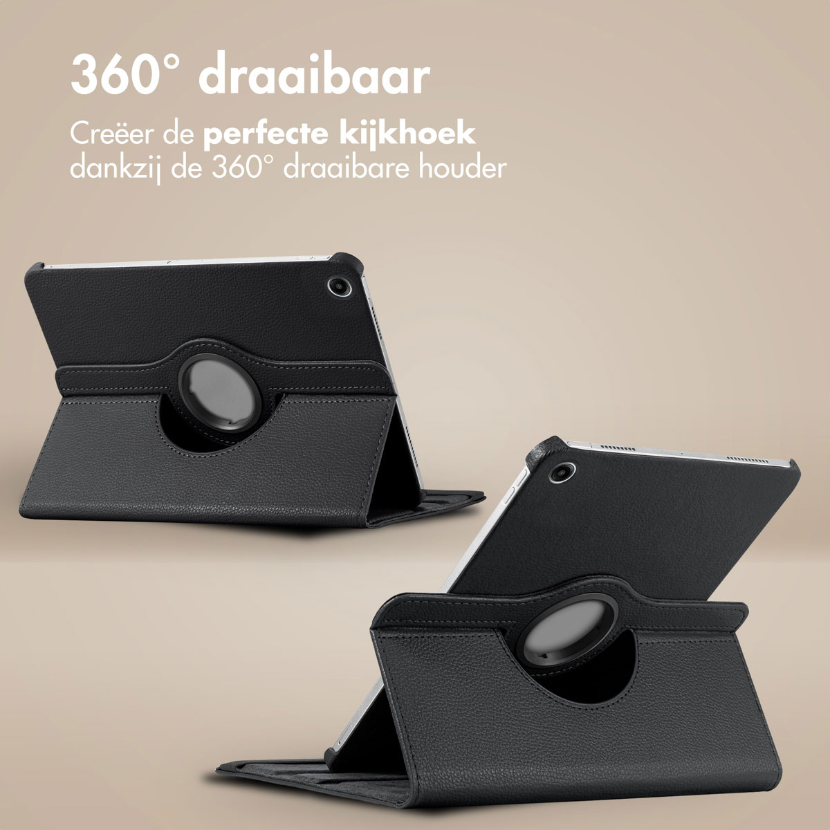 Two black tablet cases with built-in stands, on a neutral background.