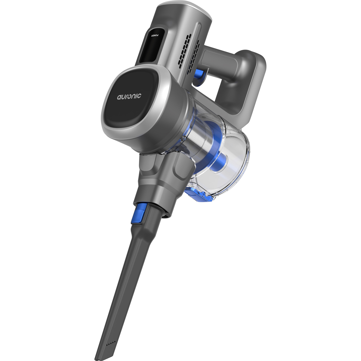 Un aspirateur sans fil gris avec des accents bleus et un bac à poussière transparent.
