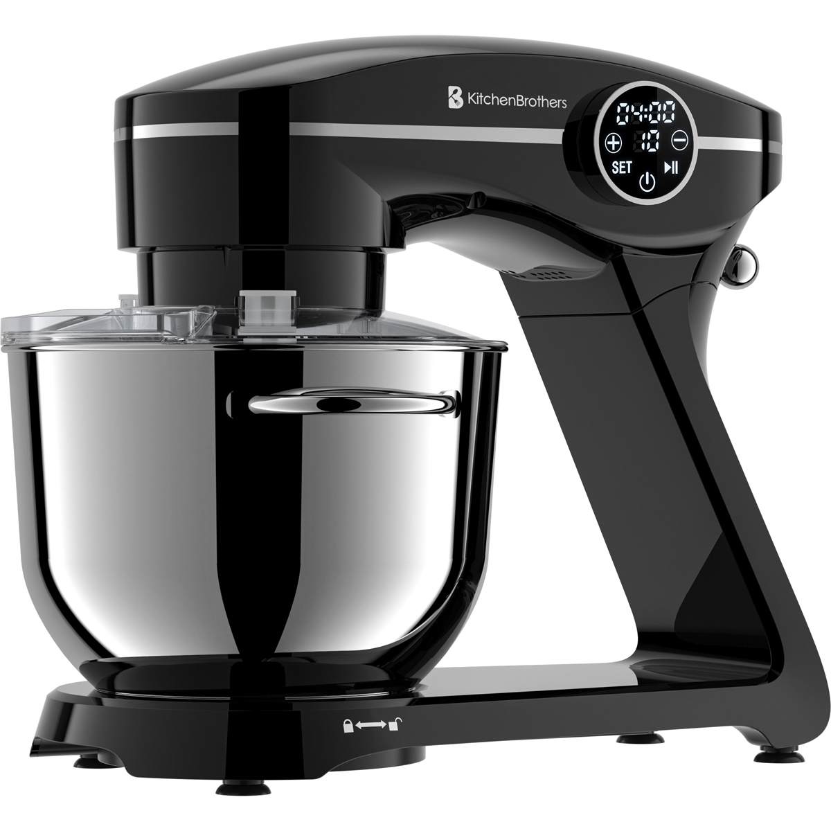 Robot pâtissier noir avec bol en acier inoxydable et écran digital.