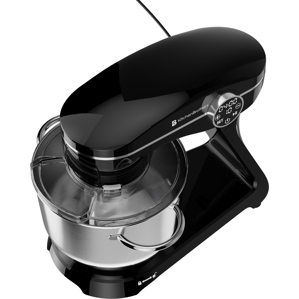 Un robot pâtissier noir avec bol argenté et écran digital.