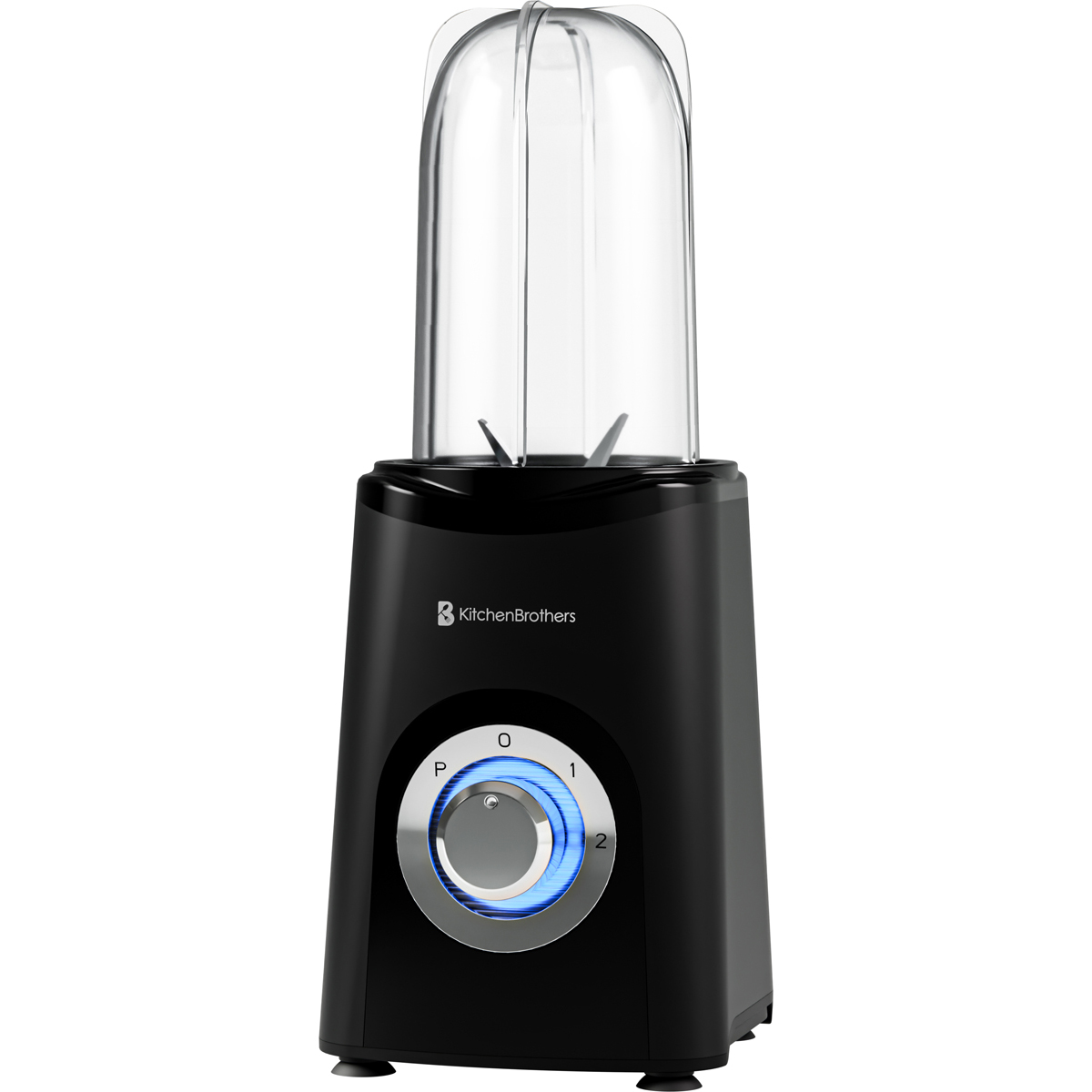 A black blender with a clear container and a silver control dial.
