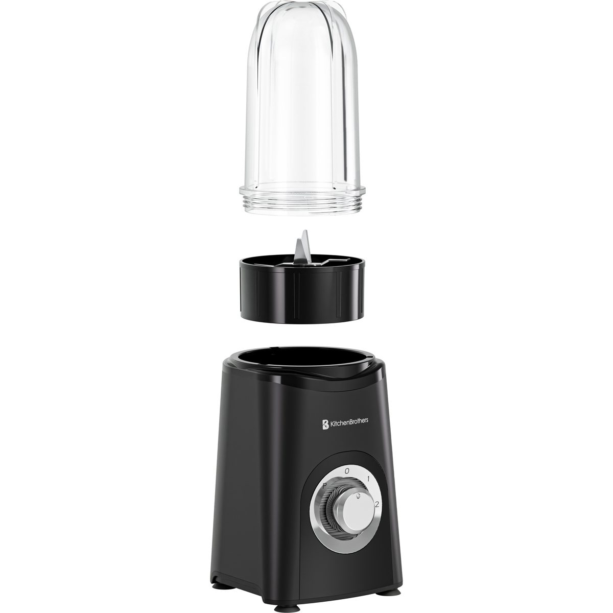 Black blender with clear cup, blades, and base, shown disassembled.