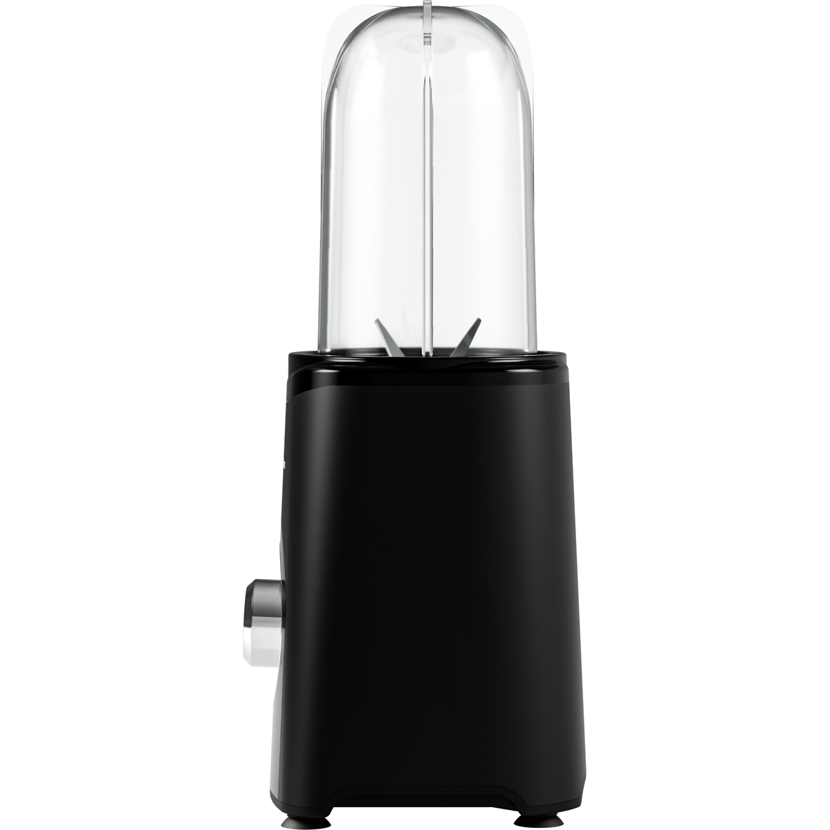 Black blender with clear cup and blades.
