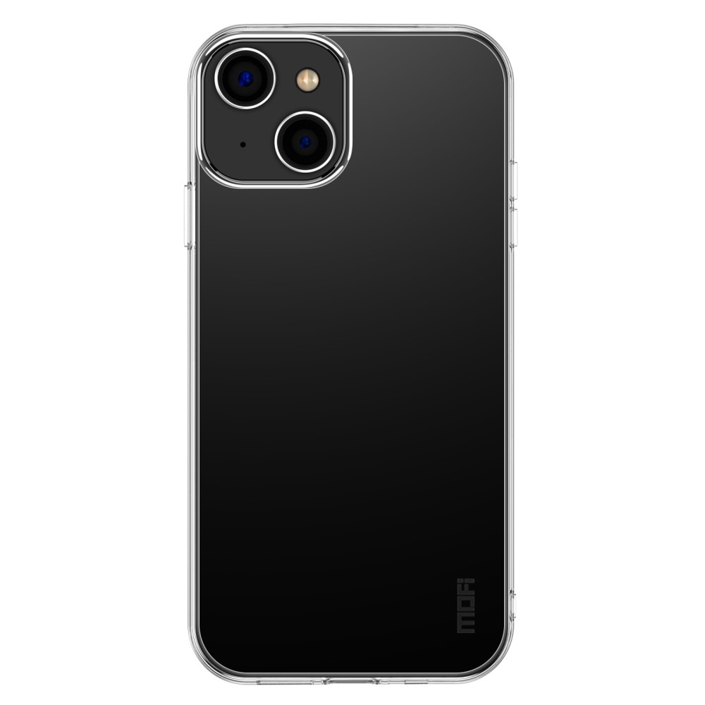 Custodia trasparente per telefono con doppia fotocamera, pulsanti laterali e logo.