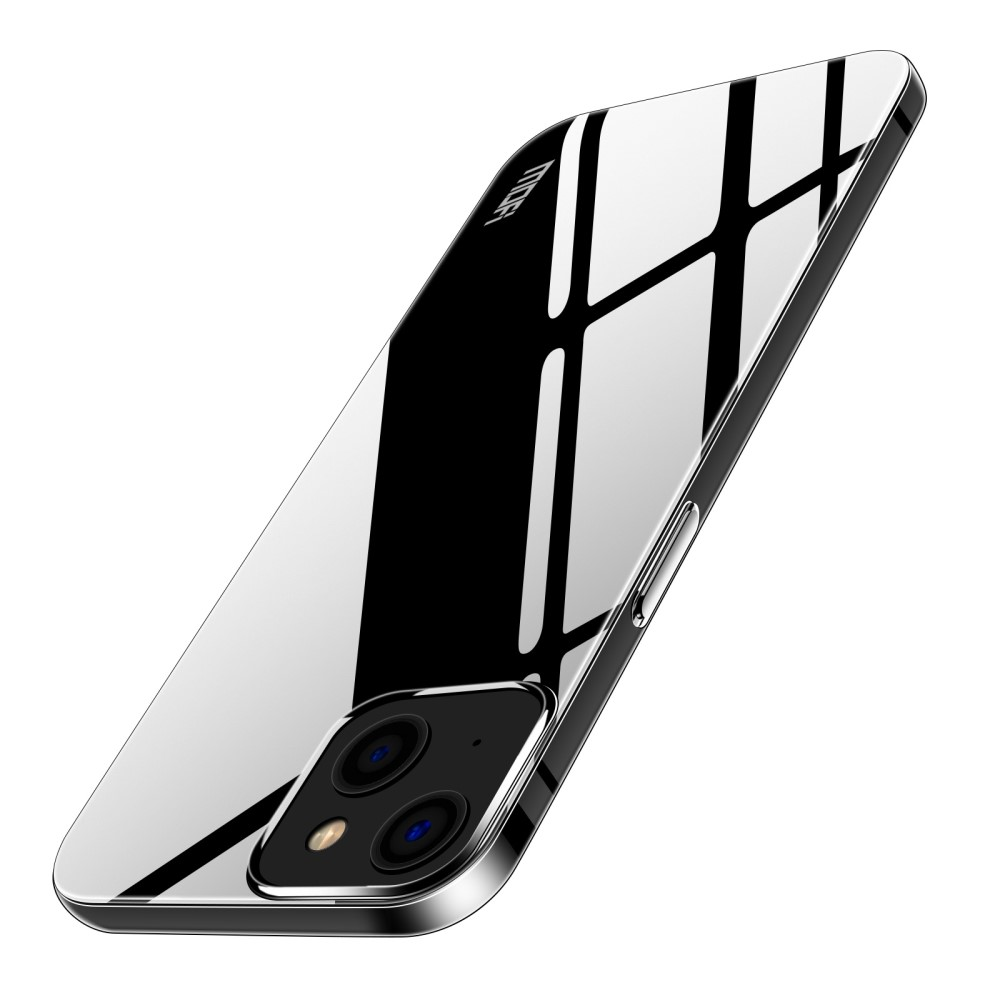 Una custodia nera lucida per telefono con due fotocamere e bordo argentato.