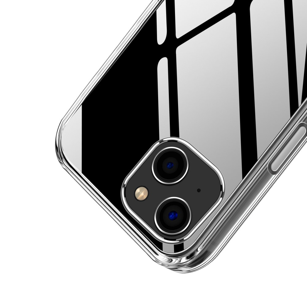 Primo piano di una custodia trasparente per telefono con doppio modulo fotocamera su sfondo bianco.