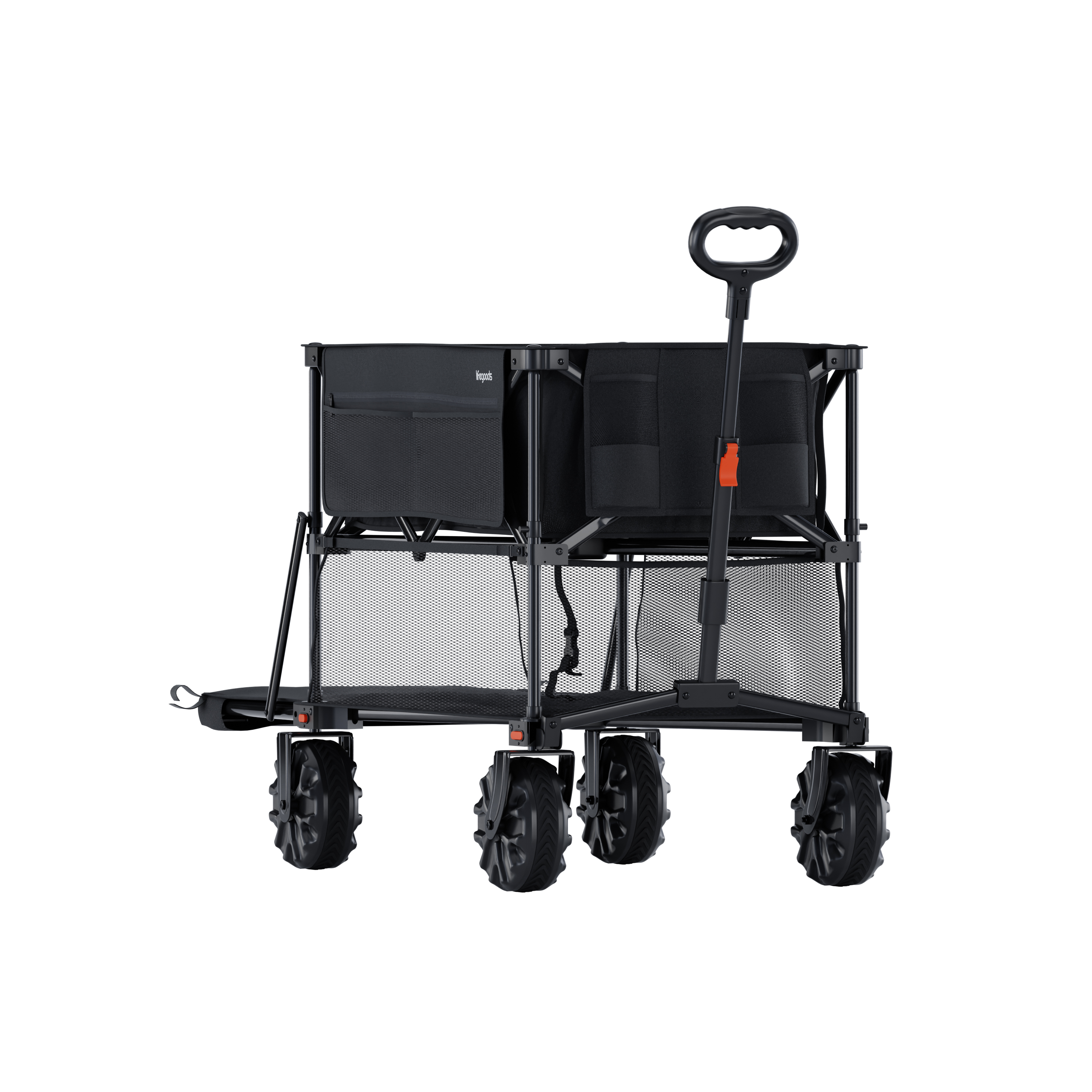 Black foldable wagon with four wheels and a handle.