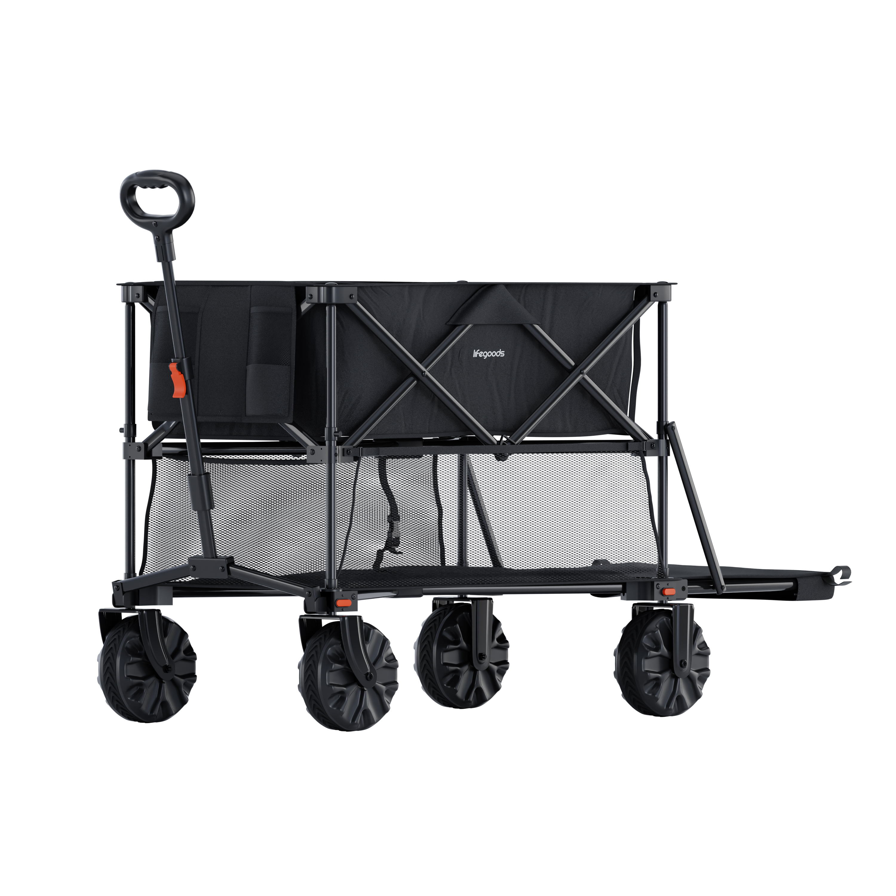 A black collapsible wagon with mesh sides and a handle.