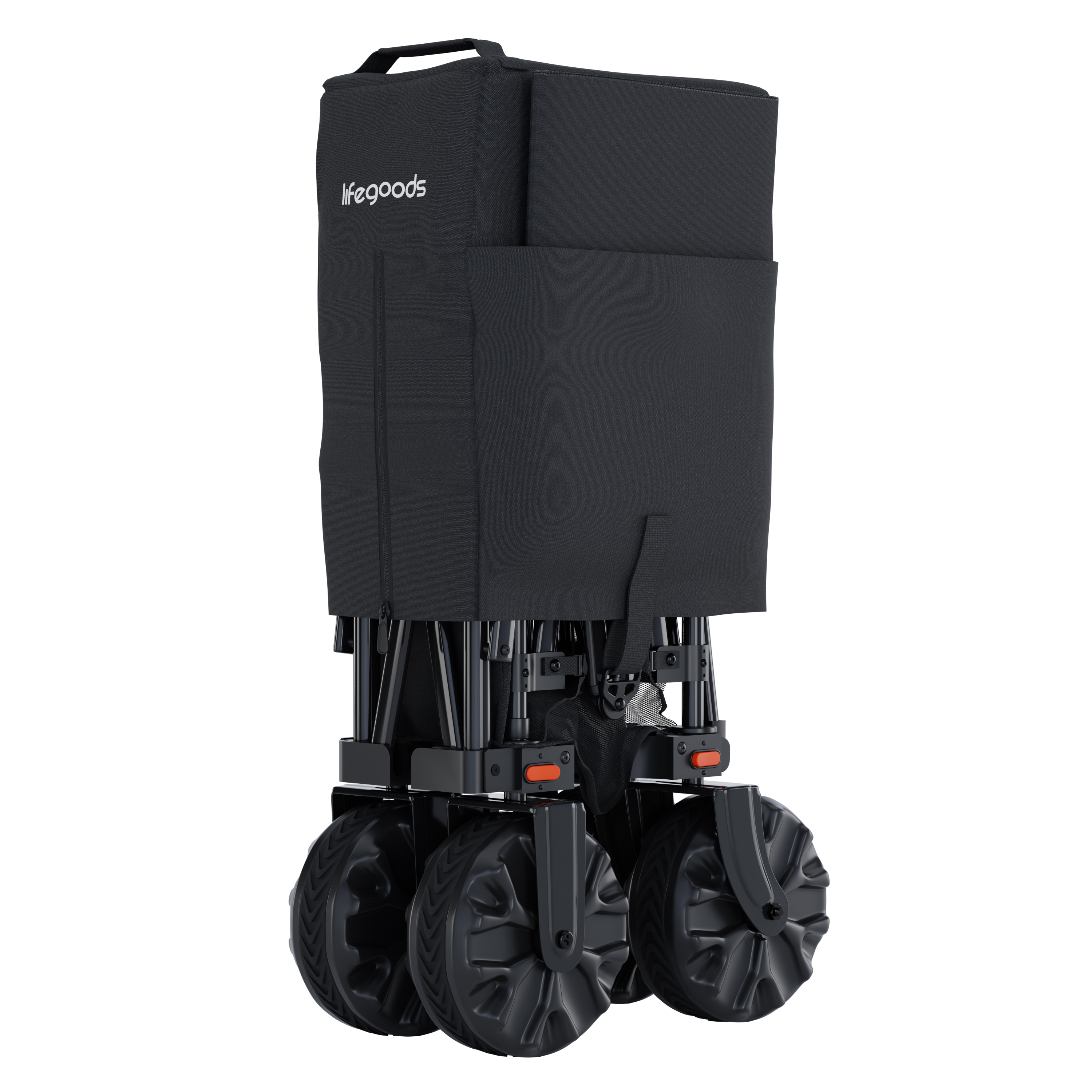 A folded black cart with wheels and handle. Reads 'lifegoods'.