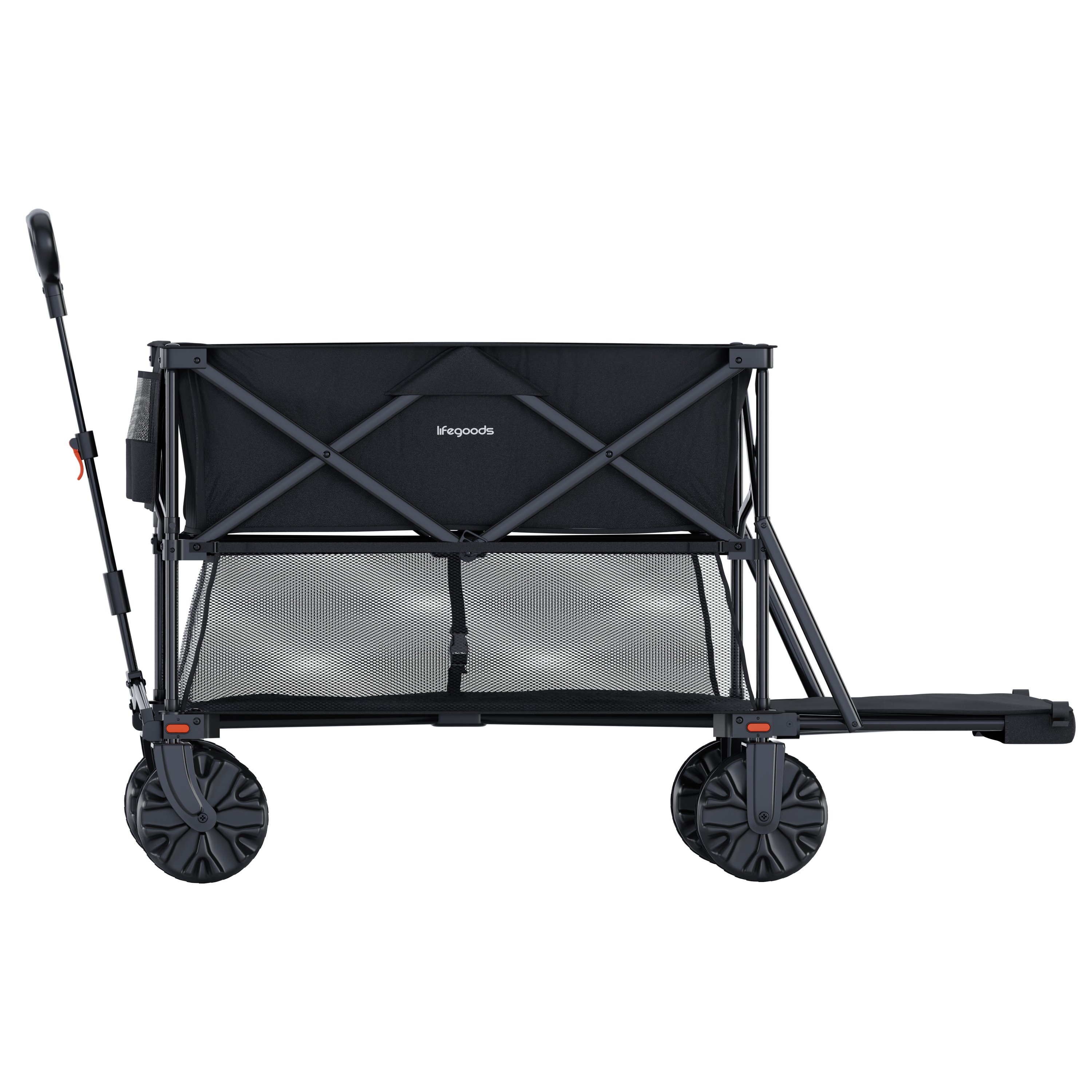 Black folding wagon with mesh sides, pull handle, and wheels. Lifegoods logo visible.
