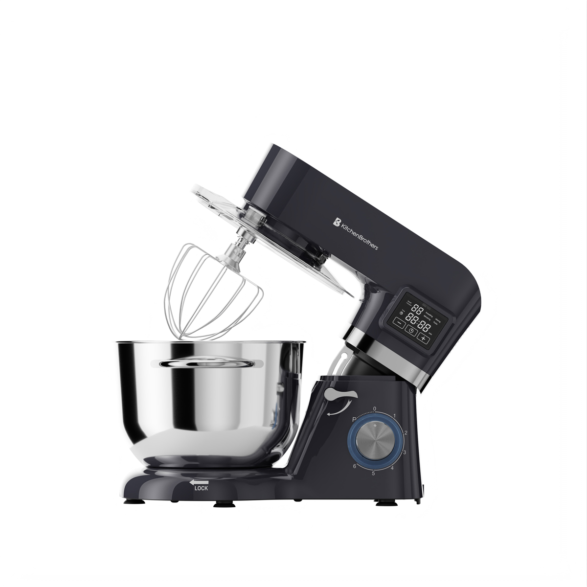 Un robot pâtissier KitchenBrothers gris foncé avec bol en acier inoxydable et fouet.