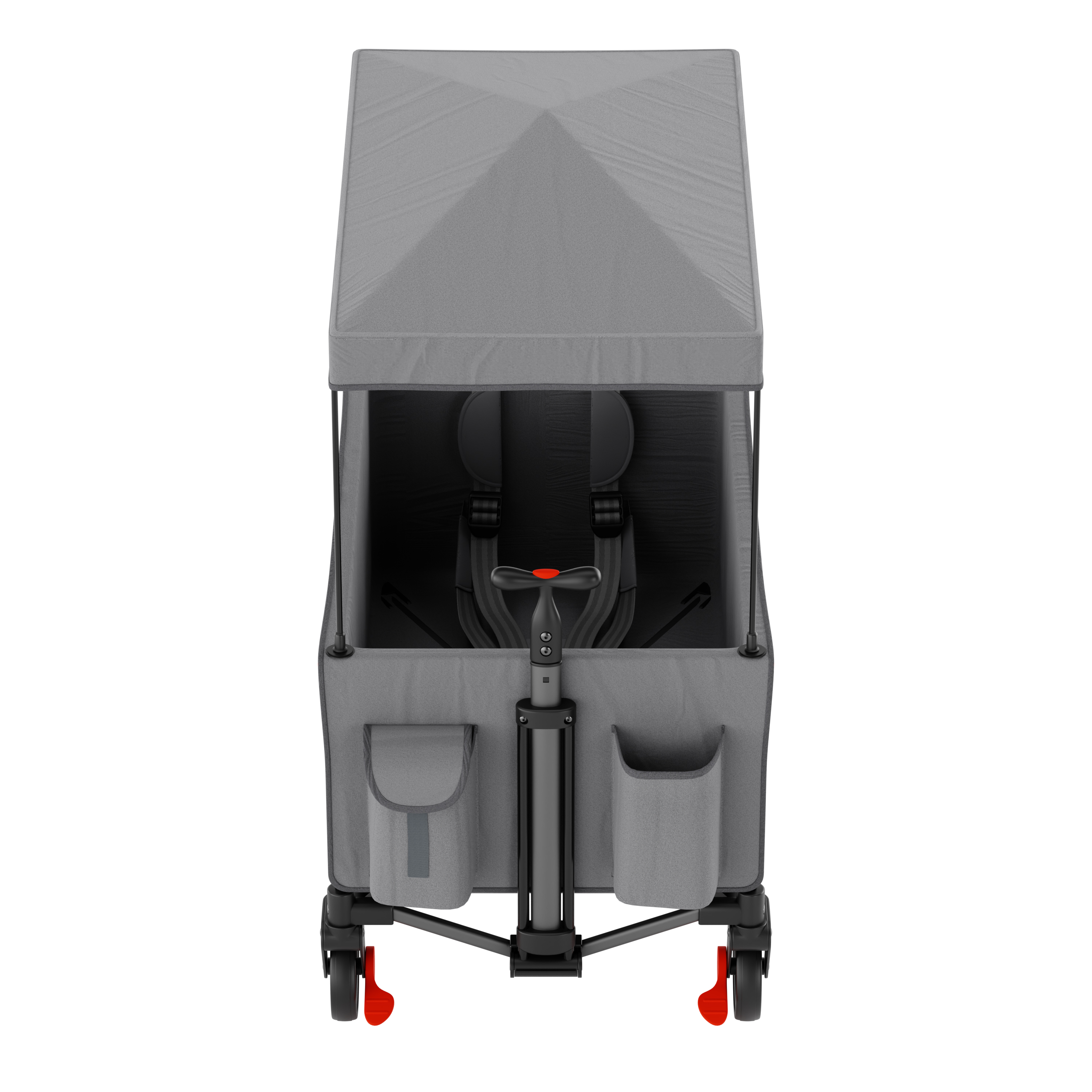 Gray wagon with canopy, straps, and red wheels.