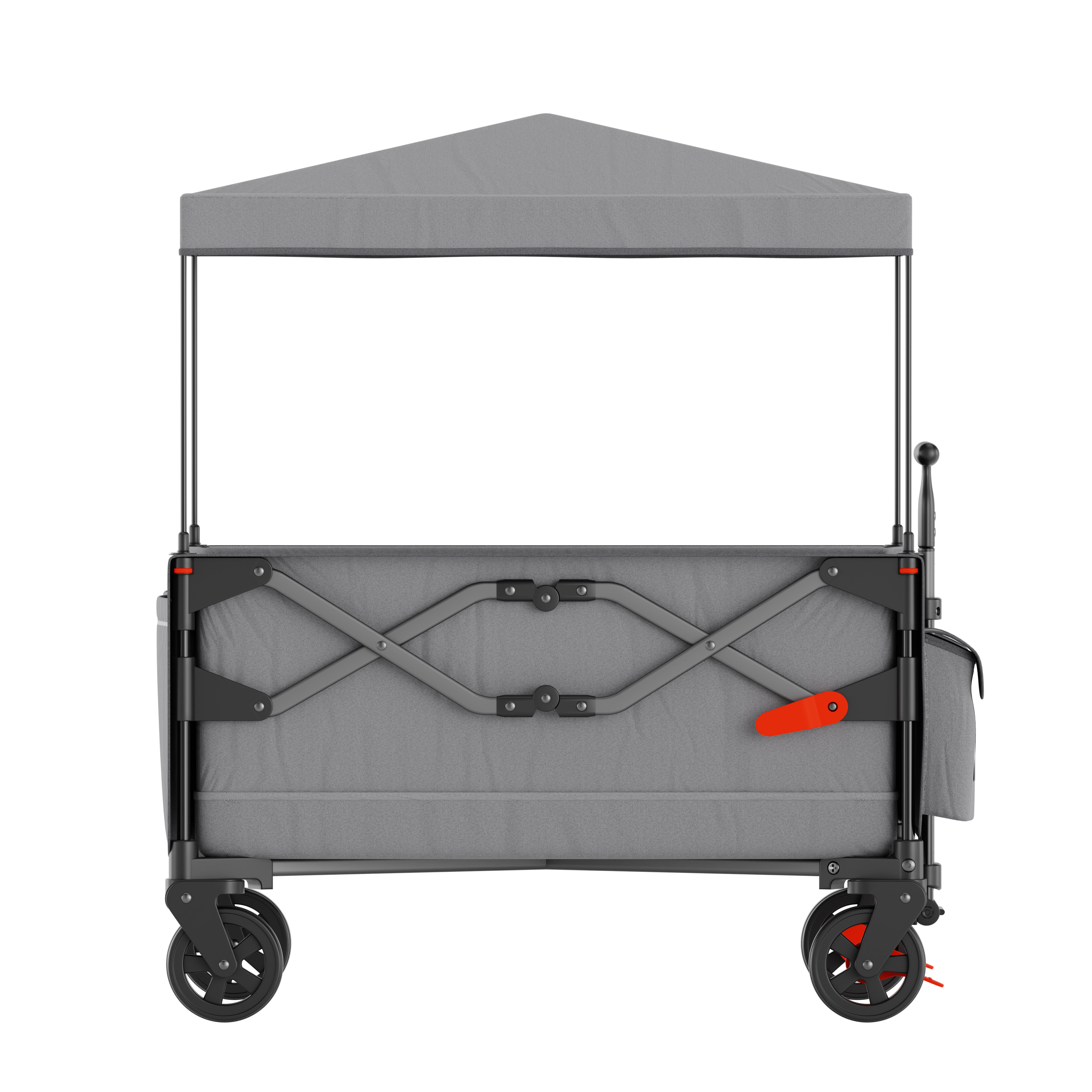 A gray collapsible wagon with a canopy and black wheels.