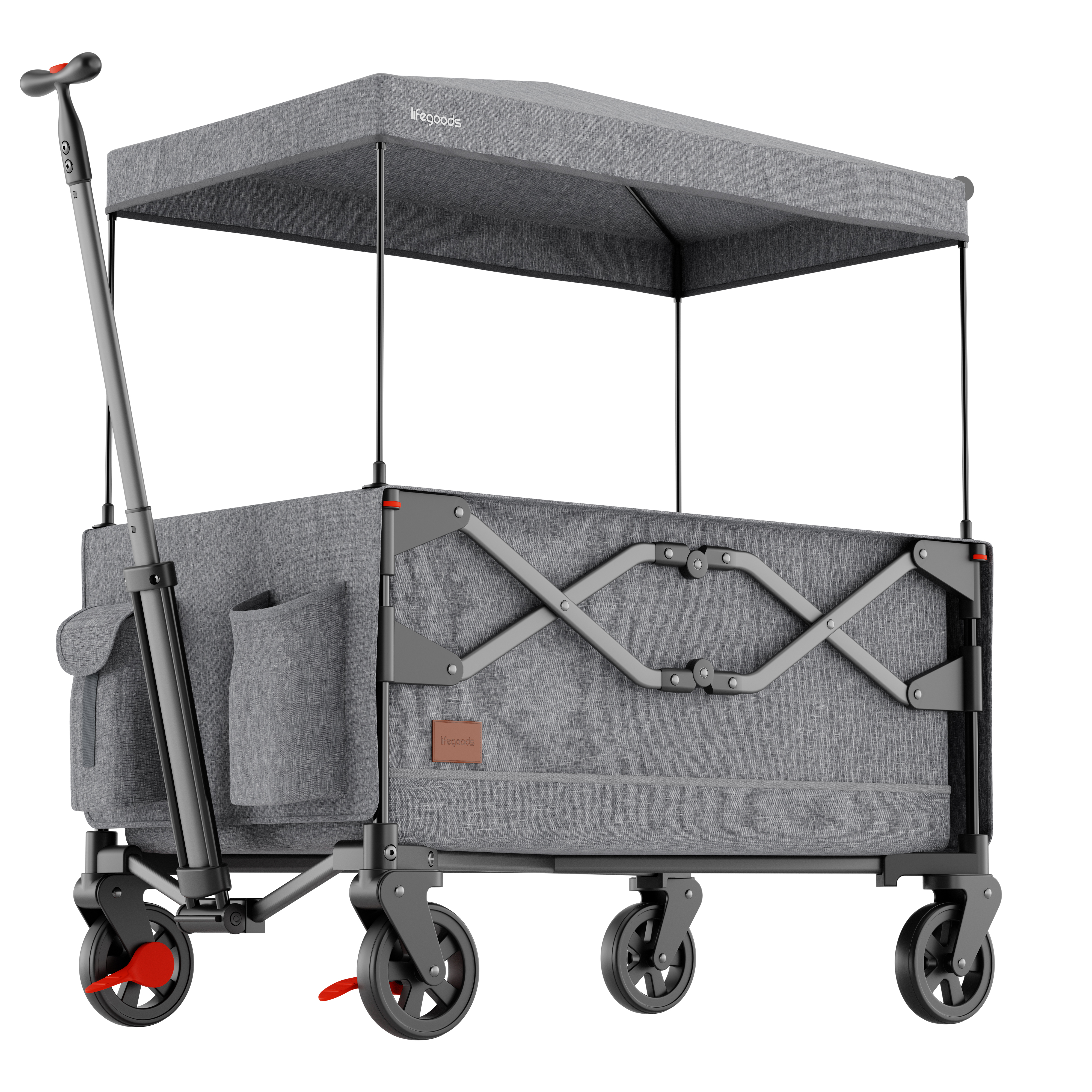 Grey collapsible wagon with canopy and handle.