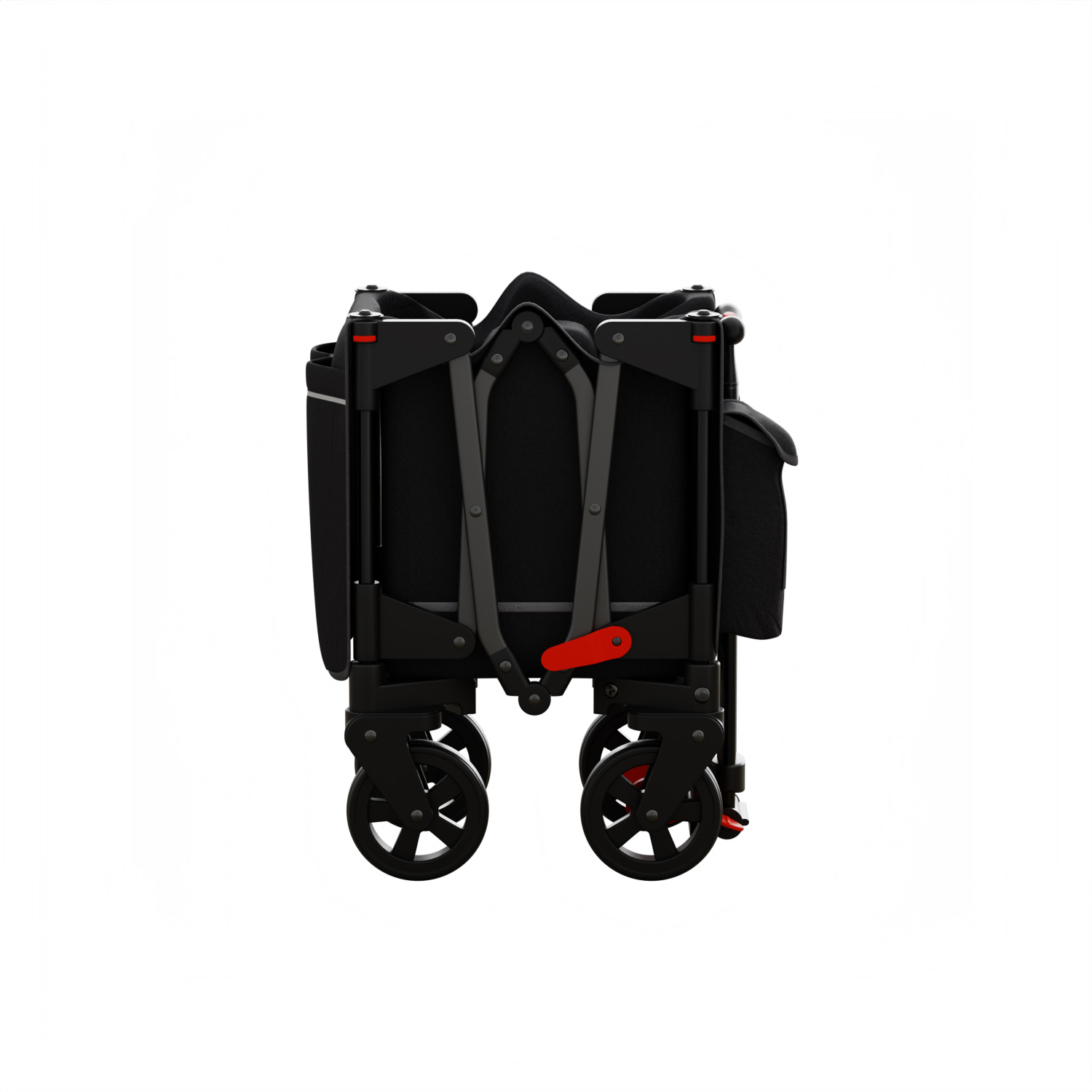 A black collapsible wagon with red accents and four wheels.