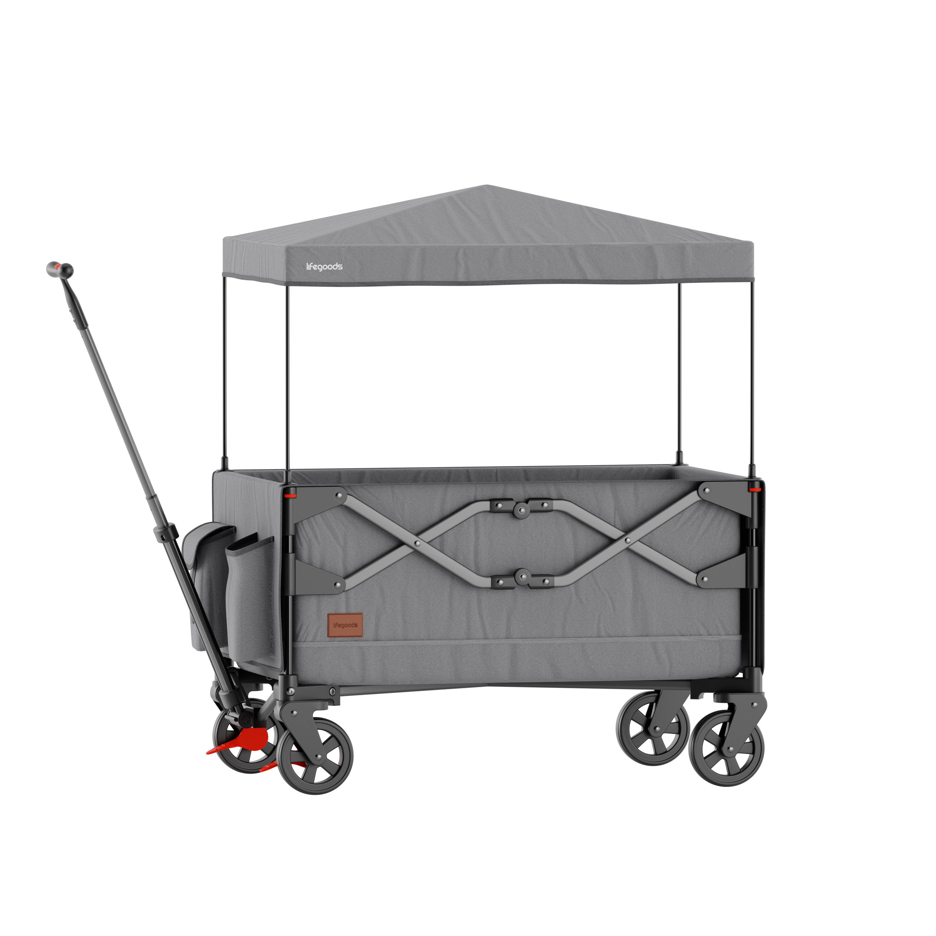 A gray wagon with a canopy and handle, shown on a white background.