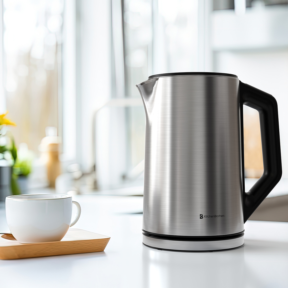 Une bouilloire en métal brossé avec une poignée noire est à côté d'une tasse blanche sur un plateau.