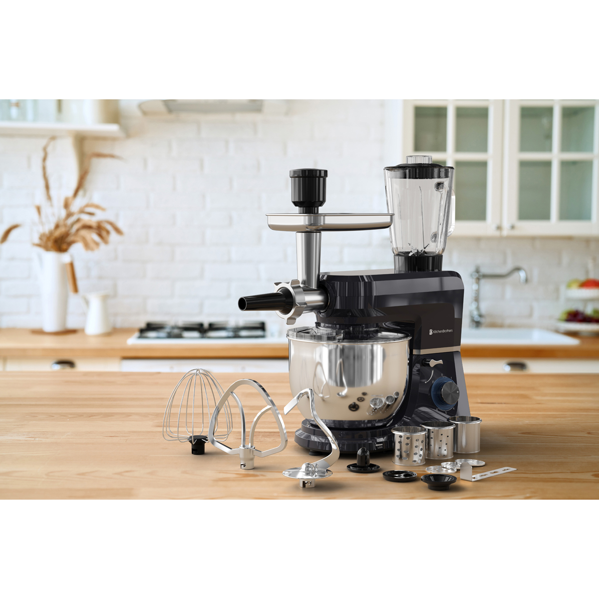 Un robot de cuisine multifonction noir avec hachoir à viande et blender.