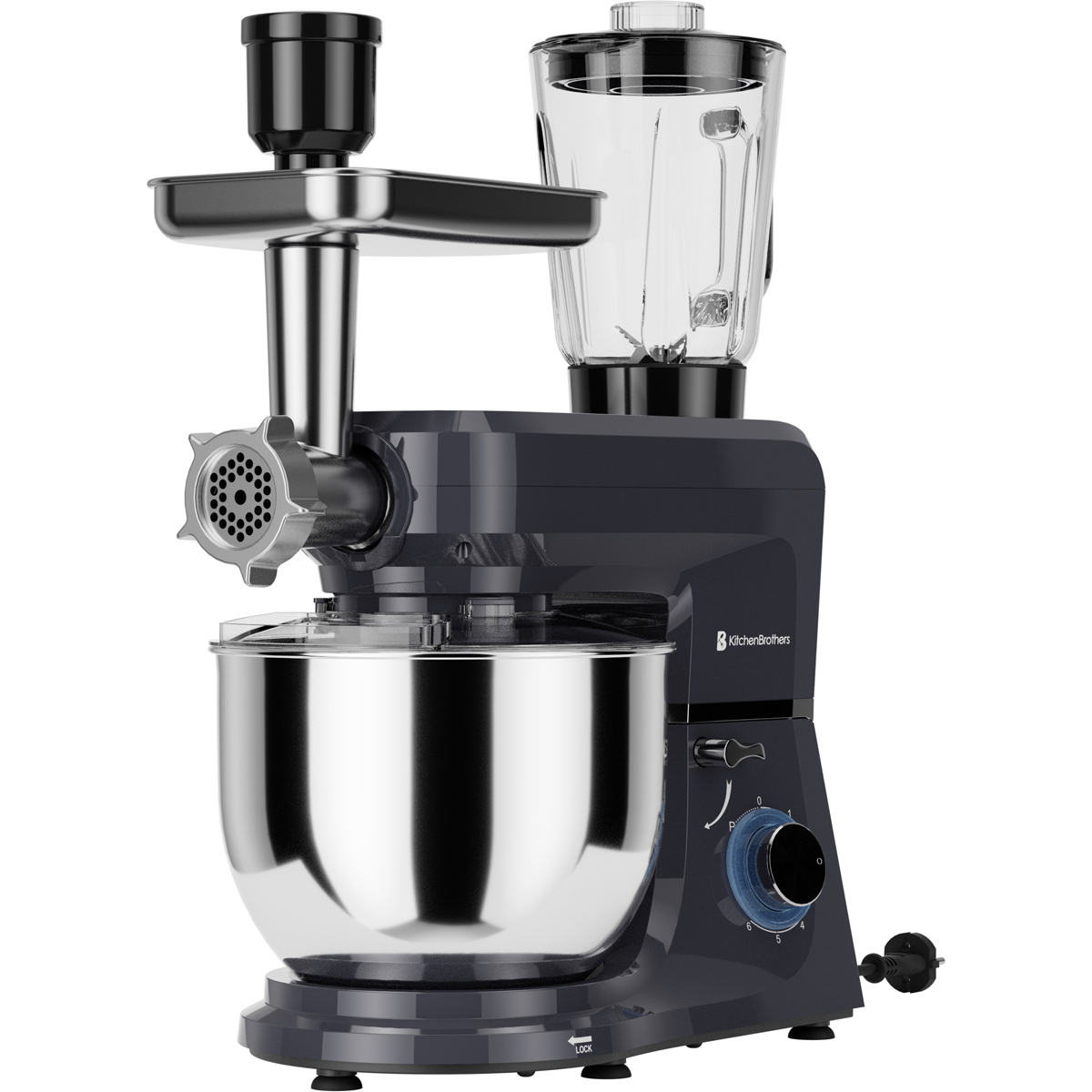 Un accessoire de robot culinaire foncé avec hachoir et mixeur, et un bol en acier inoxydable.