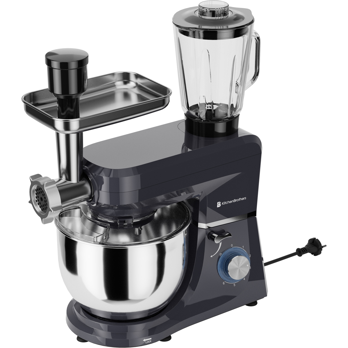 Robot culinaire gris foncé avec hachoir et mixeur sur fond blanc.