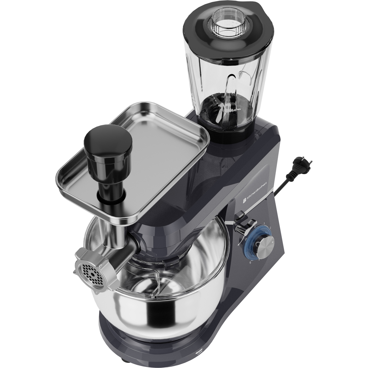 Accessoire de robot culinaire gris avec hachoir à viande, mixeur et bol.
