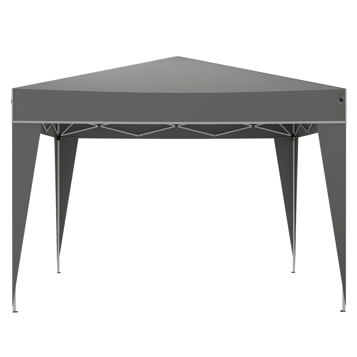 A gray pop-up canopy tent with four legs and a pointed roof, on a white background.