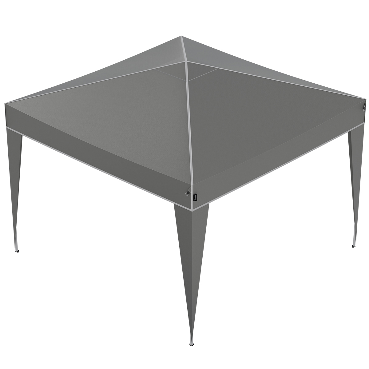 A gray canopy tent with four legs and a white trim.