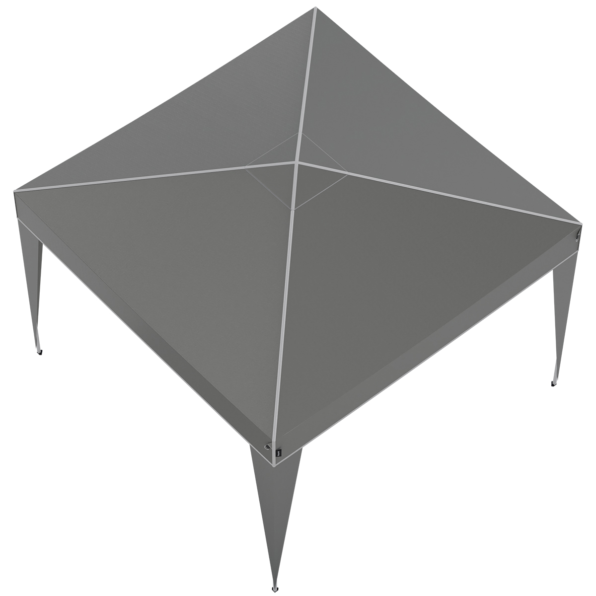 A gray canopy tent with white trim, four legs, and a pointed roof.