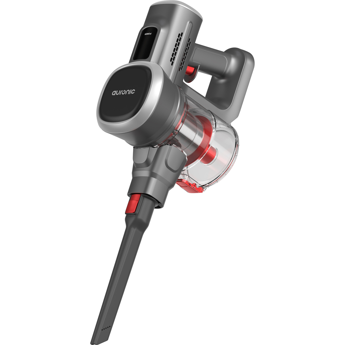 Un aspirateur sans fil gris avec des accents rouges, sur fond blanc.