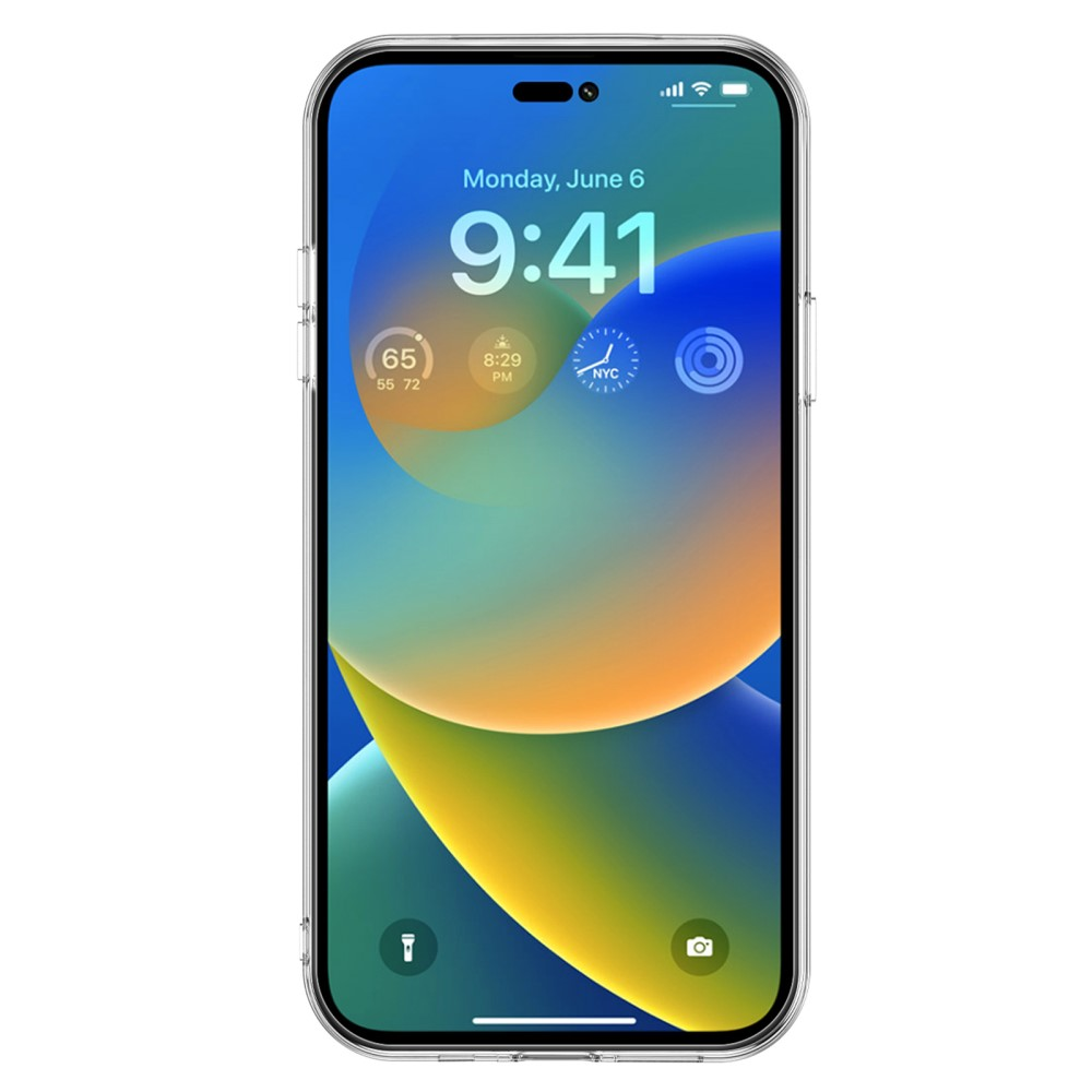Un iPhone con sfondo blu, giallo e verde. L'ora è 9:41.