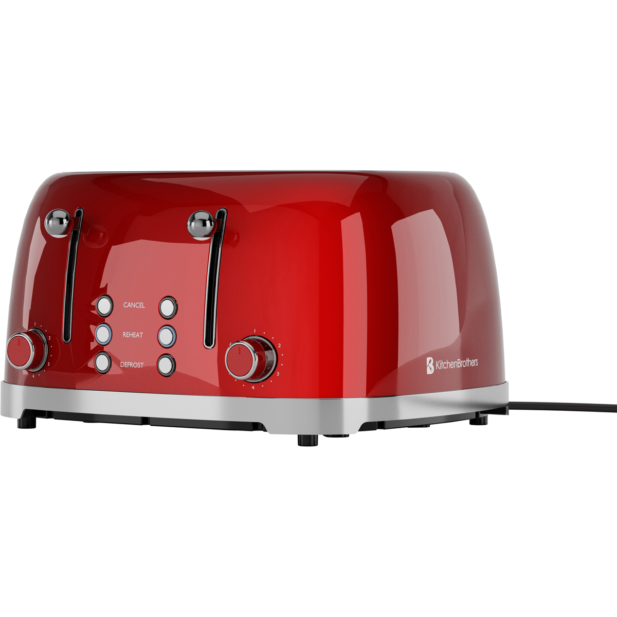 Un grille-pain rouge brillant quatre fentes avec accents chromés et molettes.