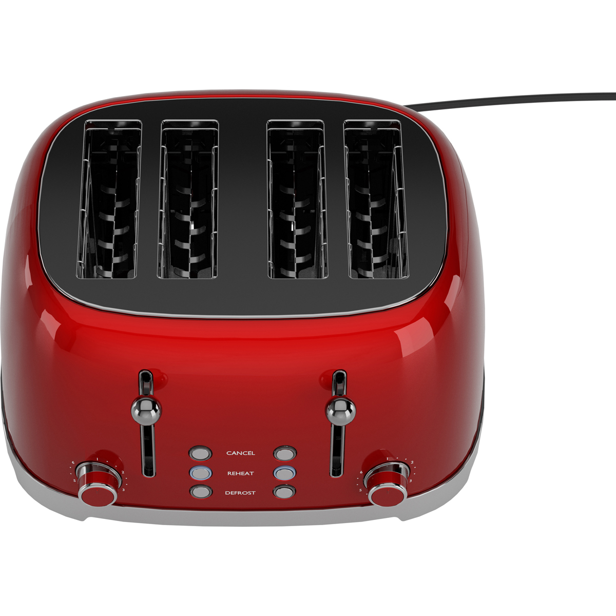 Un grille-pain rouge quatre fentes avec boutons de commande.