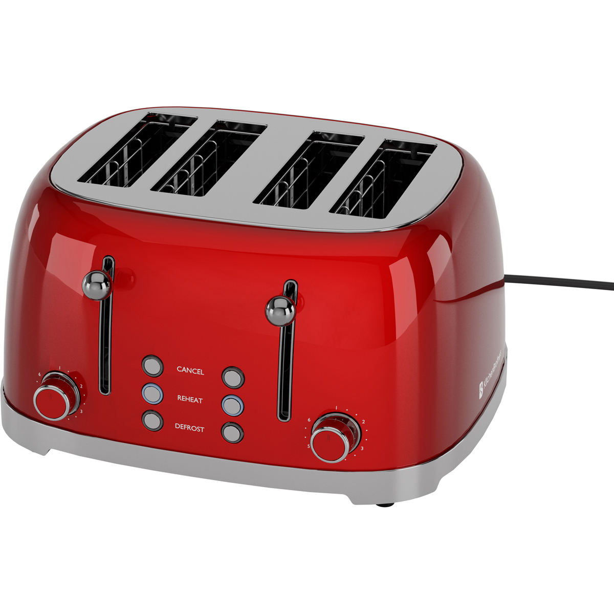 Un grille-pain rouge brillant à quatre fentes avec des commandes et leviers argentés.