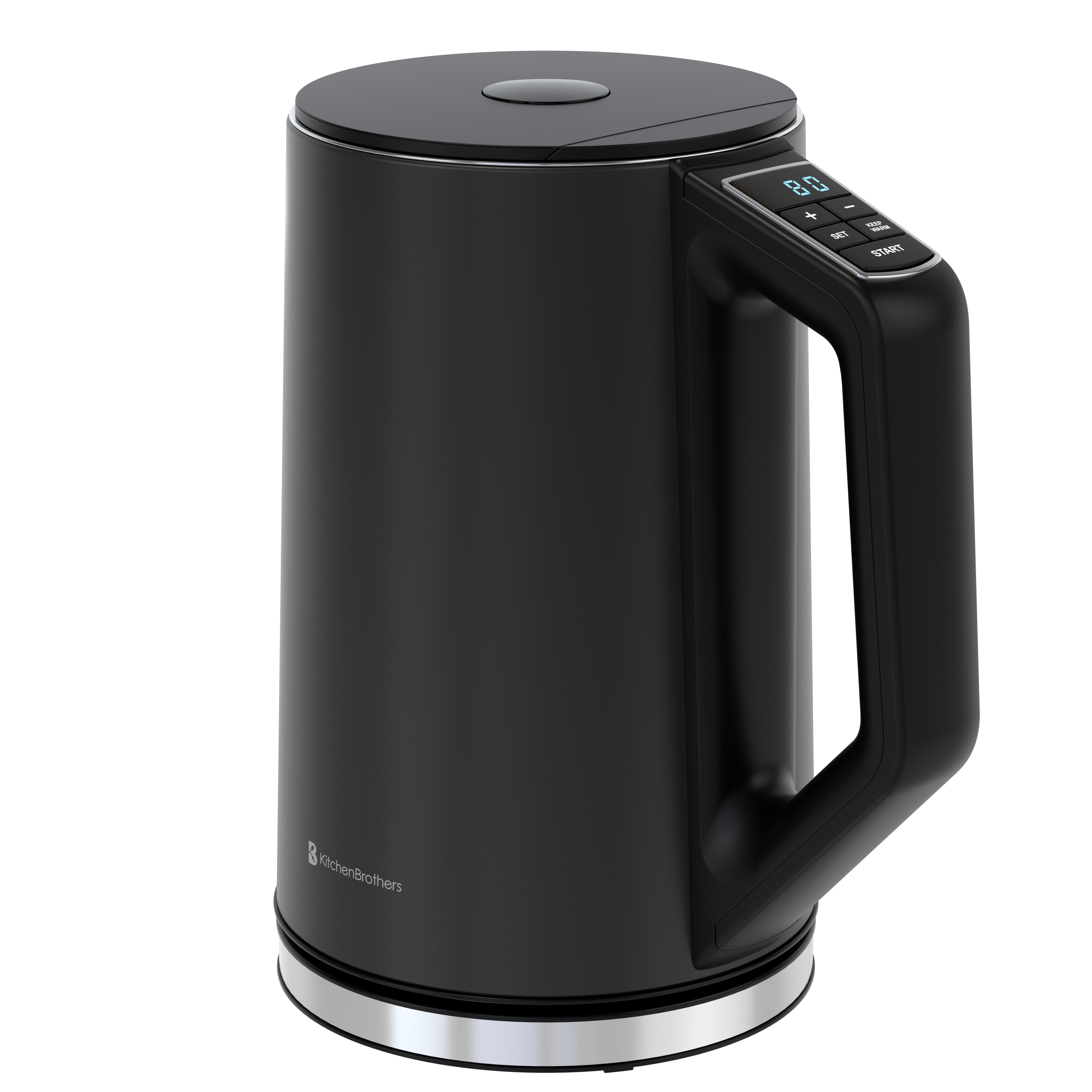 Schwarzer Wasserkocher mit digitaler Anzeige und Griff, silberner Sockel.