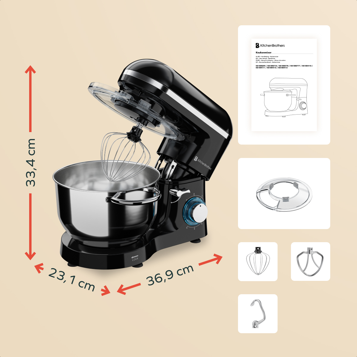 Robot pâtissier noir avec bol inox, fouet et accessoires.