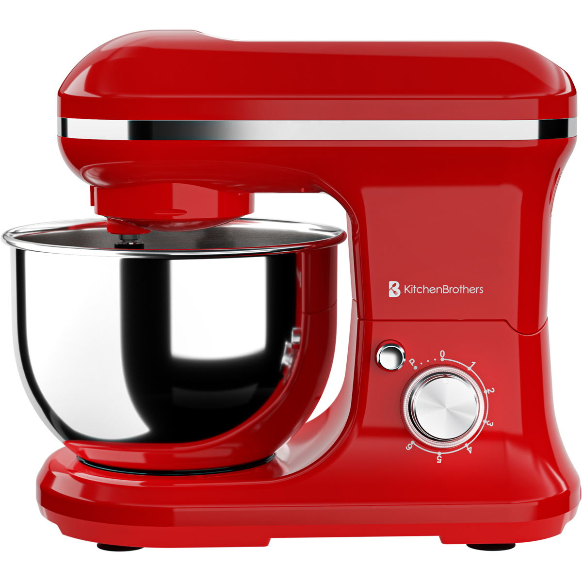 Een rode standmixer met een roestvrijstalen kom en bedieningsknoppen.