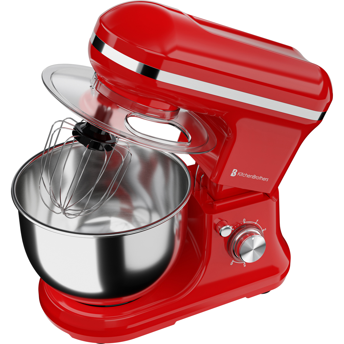 Een rode keukenmixer met RVS kom en garde.