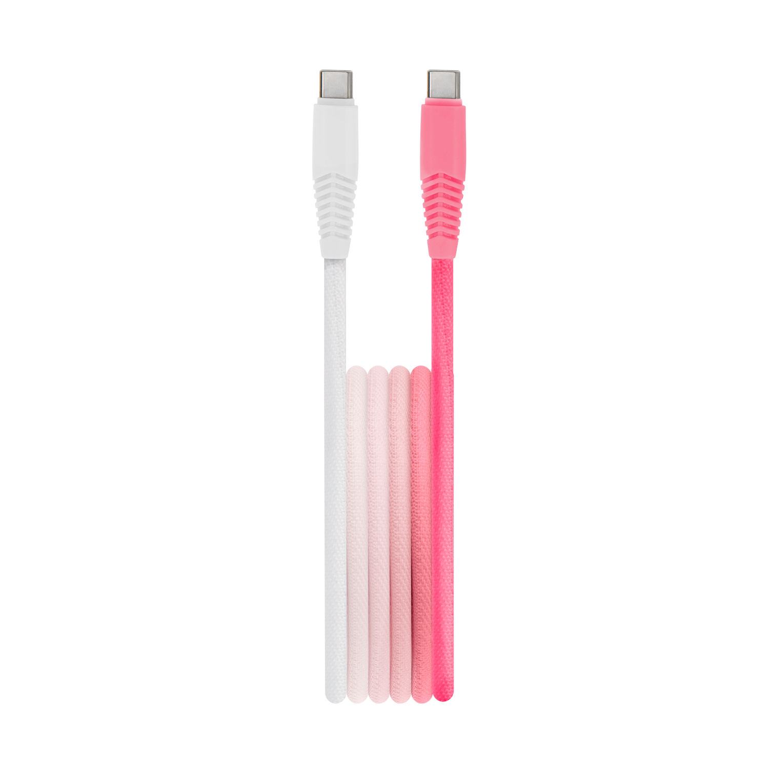 Dwa kable USB-C, jeden biały i jeden różowy, z gradientowymi różowymi kablami pośrodku.