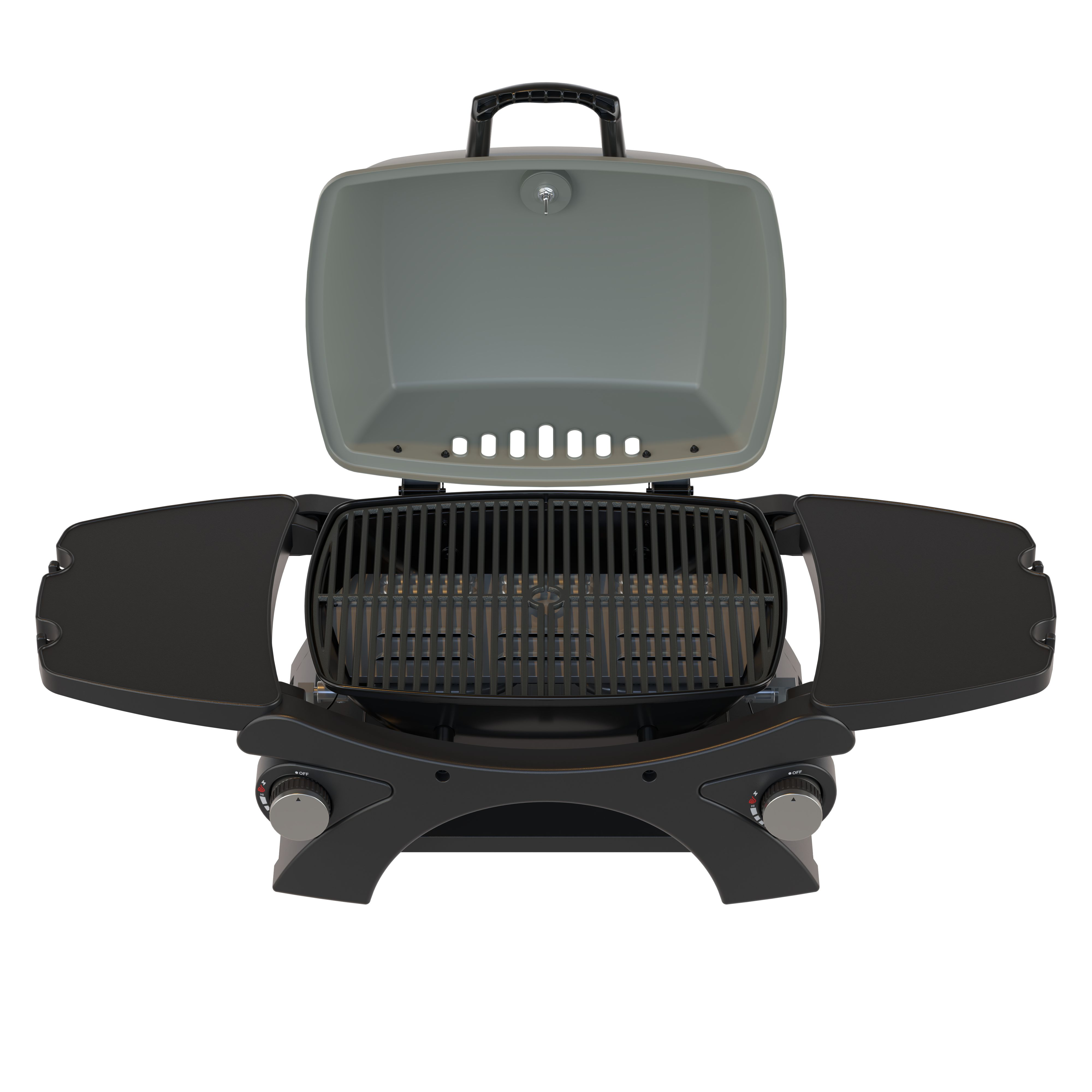 Un barbecue à gaz noir ouvert avec deux tablettes latérales rabattables sur fond blanc.