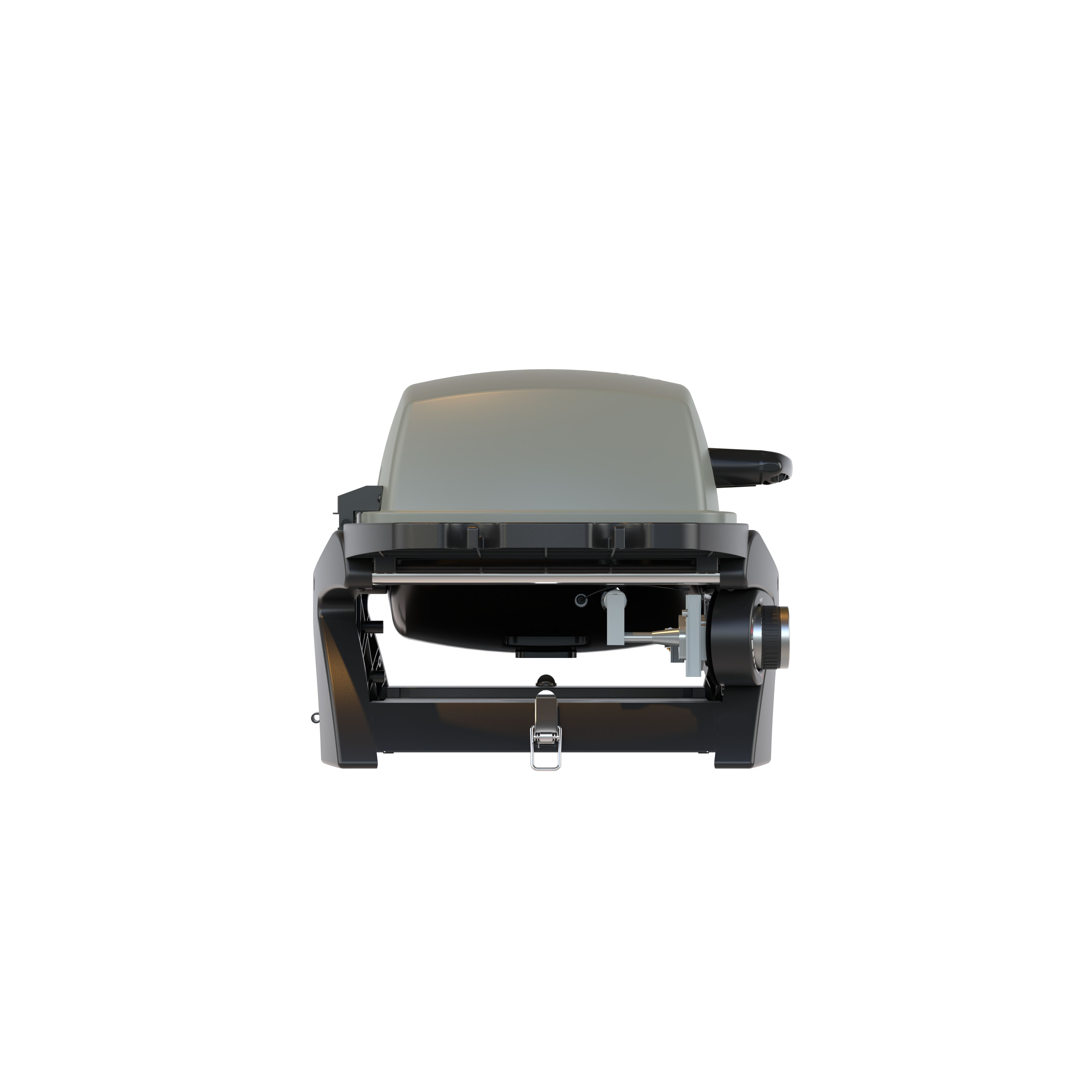 Un grill rectangulaire fermé avec un couvercle gris et un boîtier noir.