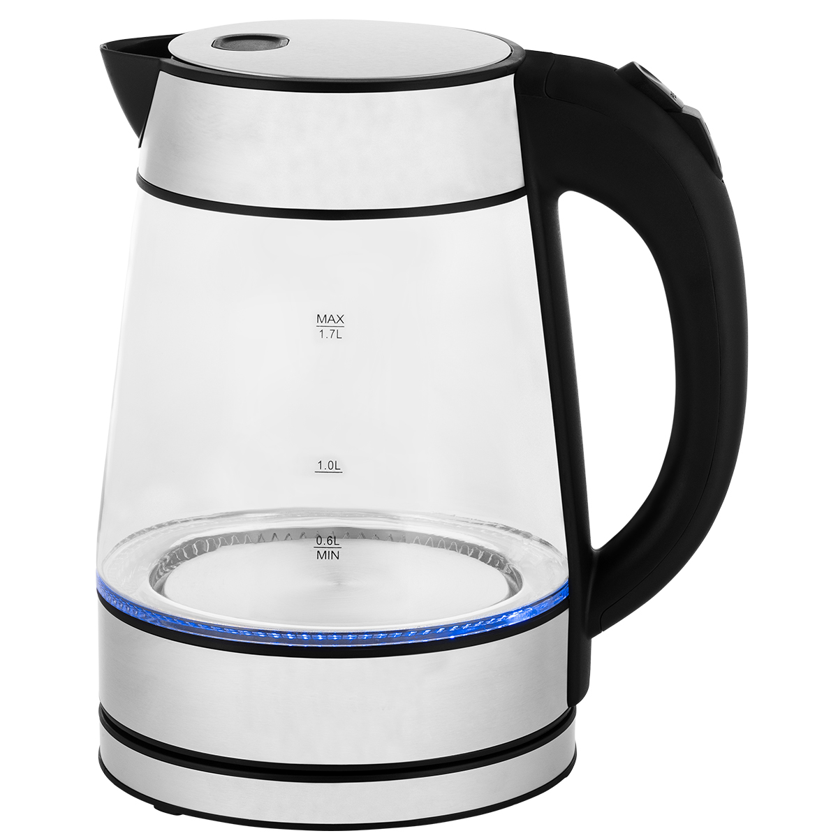 Glazen waterkoker met roestvrijstalen basis en zwart handvat, blauwe LED-verlichting.