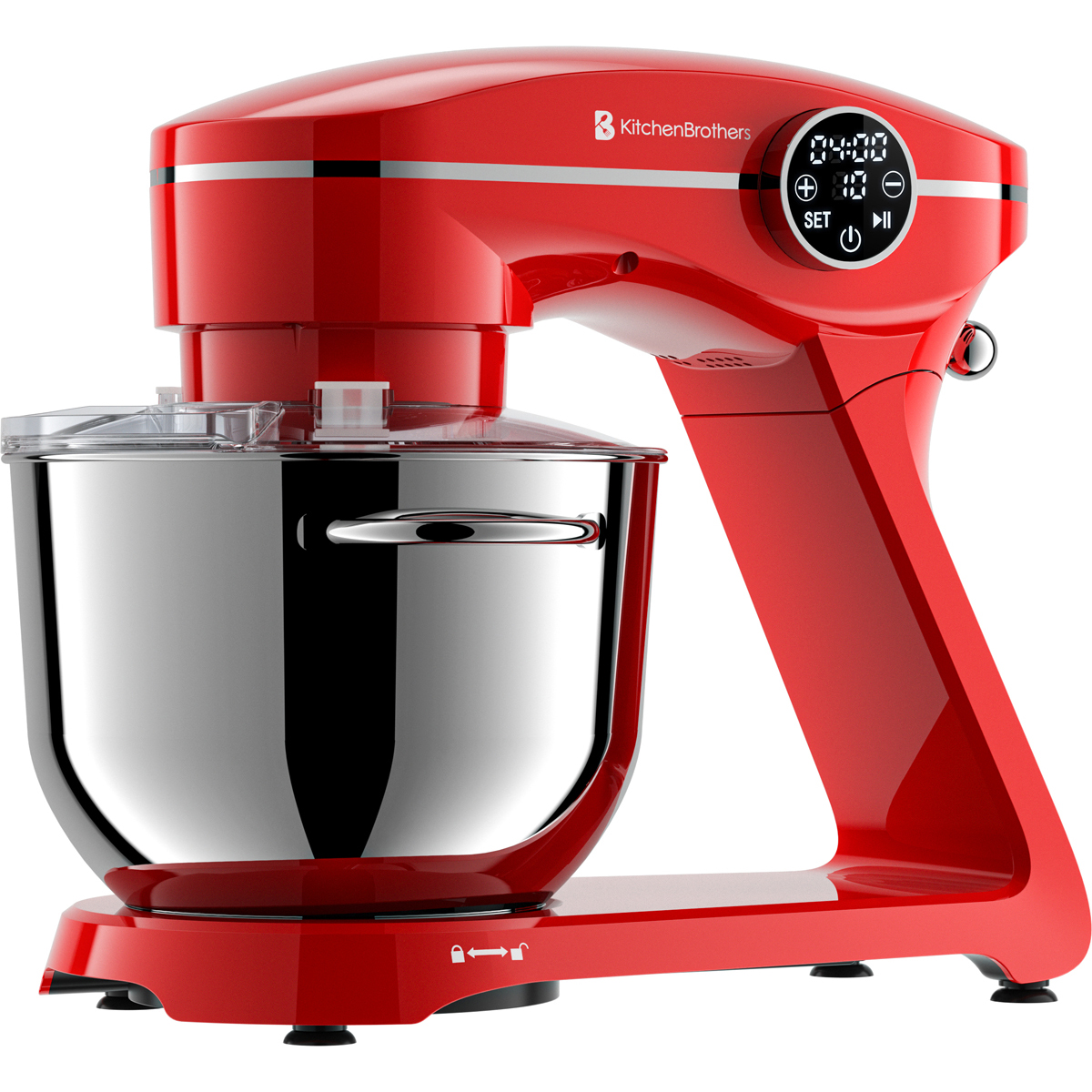 Un robot pâtissier rouge KitchenBrothers avec bol argenté et écran numérique.