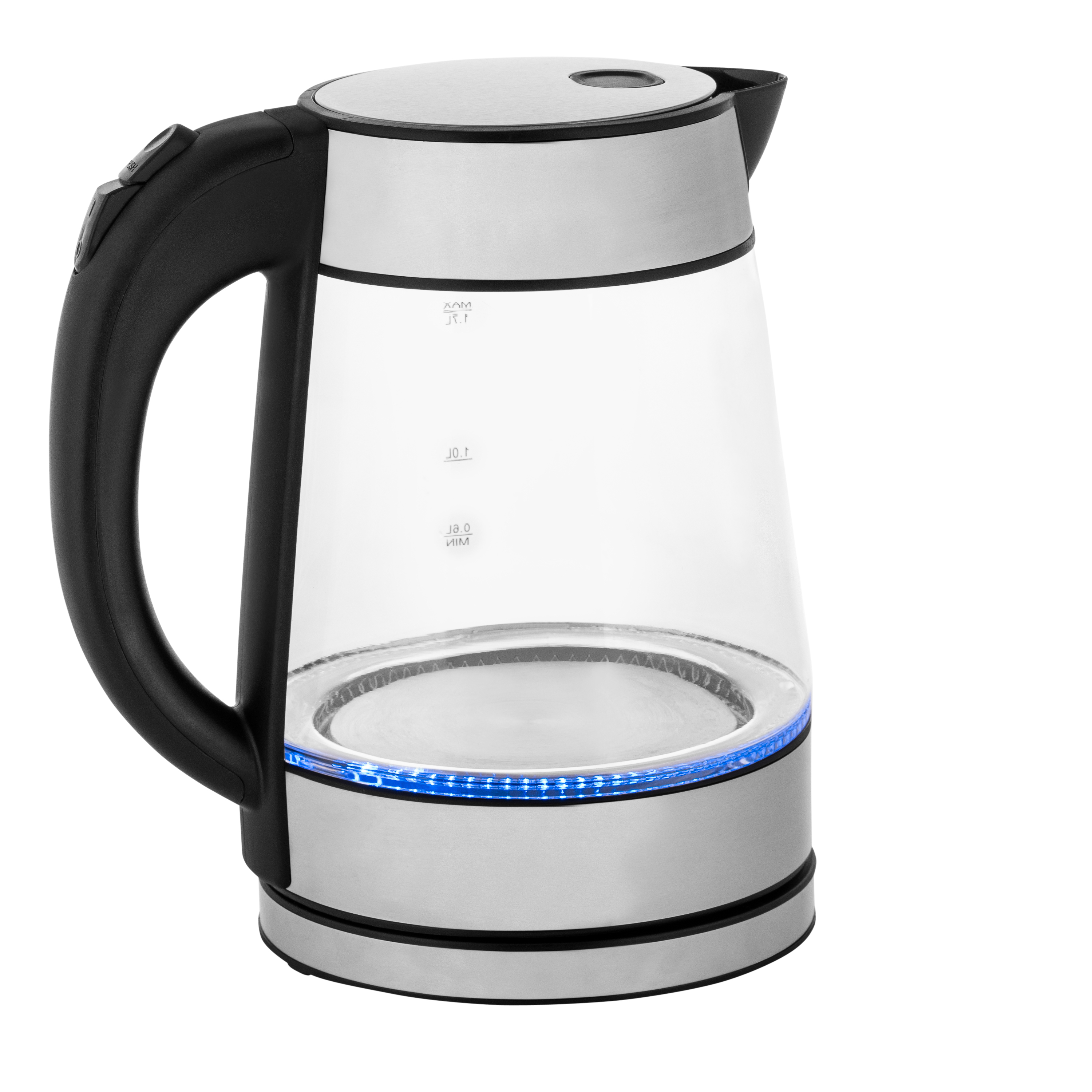 Een doorzichtige waterkoker met een zwart handvat en blauwe lampjes aan de basis.